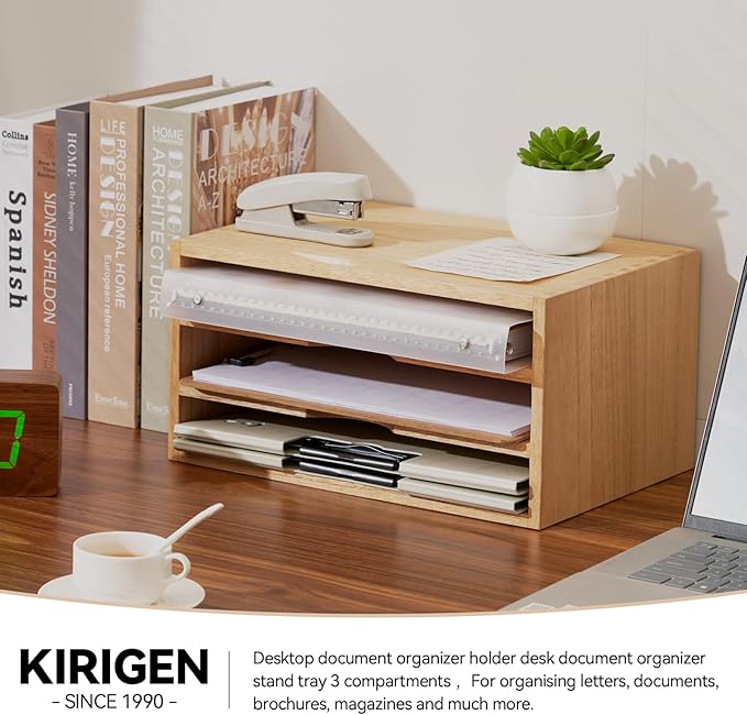 KIRIGEN Wooden Desktop Organizer Paper Storage Letter Tray File Sorter - Desk Rack Magazine File Dividers Holders for Home Office Accessories Wood Desk Cabinet with 3 Layer Trays Natural(3KWJG-NA)