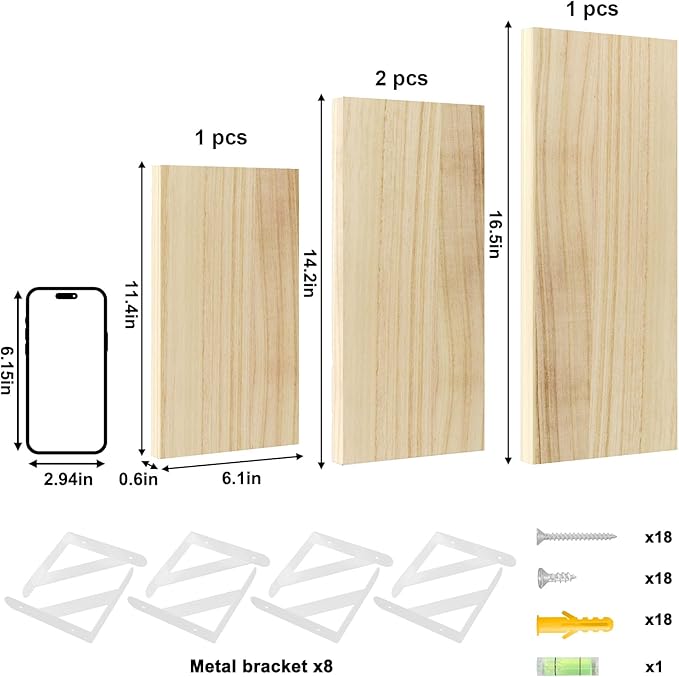 YGEOMER Floating Shelves for Wall, Different Sizes Natural Wood Wall Shelves
