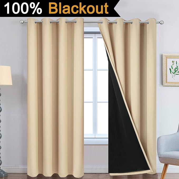 Yakamok Beige 100% Blackout Curtains, Thermal Insulated Total Blackout Drapes