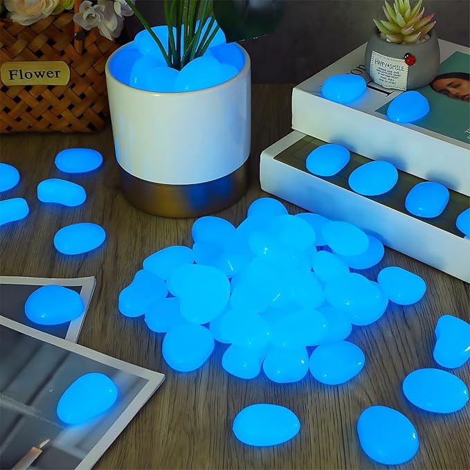 Landical 50 Pcs Large Glow in The Dark Rocks Pebbles Outdoor Fish Tank Rocks Aquarium Gravel Luminous Stones for Walkway Succulent Plant Halloween Decor (Dark Blue,1.8 Inch)