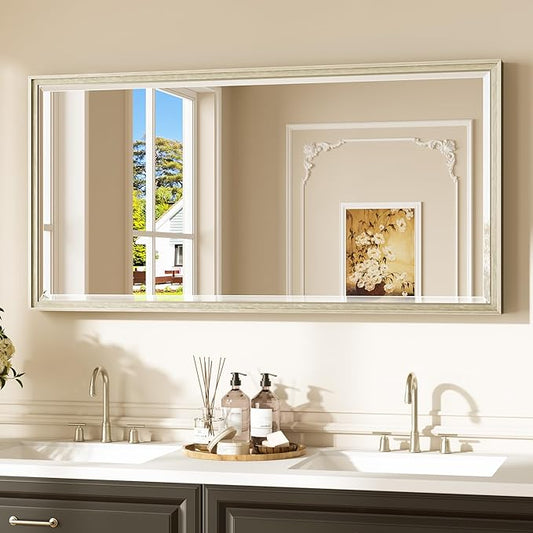 Keonjinn 48" x 24" Brushed Nickel Bathroom Mirror, Rectangle Silver Framed