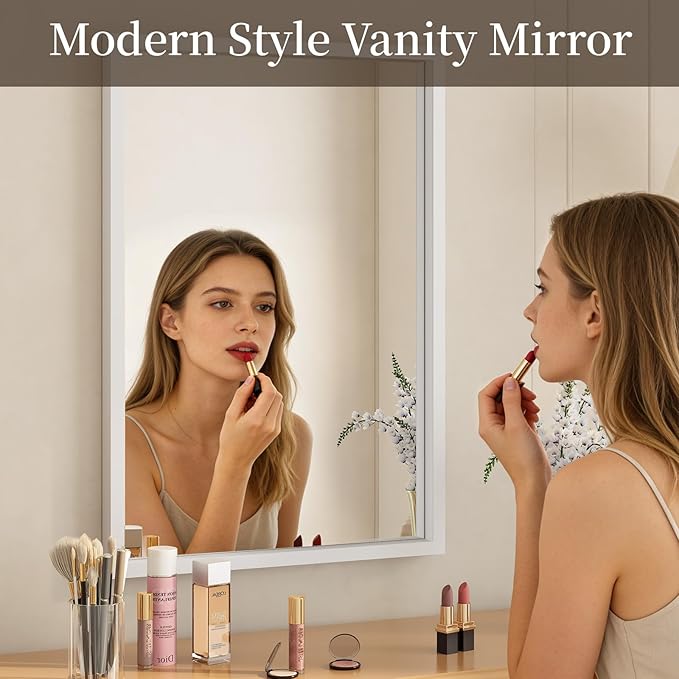 Syndra White Wood Frame Bathroom Mirror, Waterproof Slim Deep Frame,
