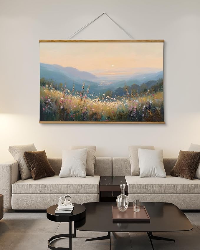 VIYYIEA Extra Large Size Canvas Wall Art, 36x54 Inch Sunset Mountain Valley with Wildflowers Scroll Painting, Oversized Landscape Wall Hanging for Living Room, Bedroom, or Cabin Decor
