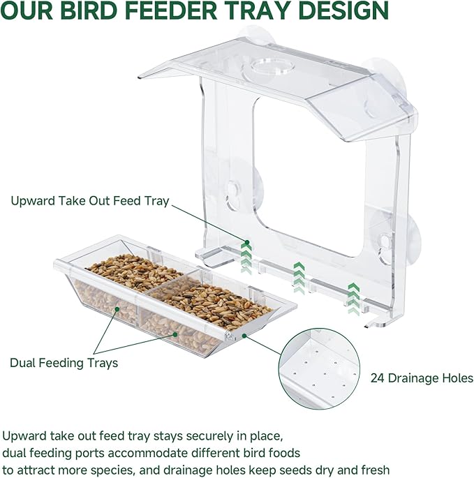 Window Bird Feeder with 4 Extra Strong Suction Cups, Clear Bird Feeder with Dual Seed Tray, Easy to Install & Clean, Birdfeeder for Viewing Wild Birds, Bird Watching Gift, Garden Decor
