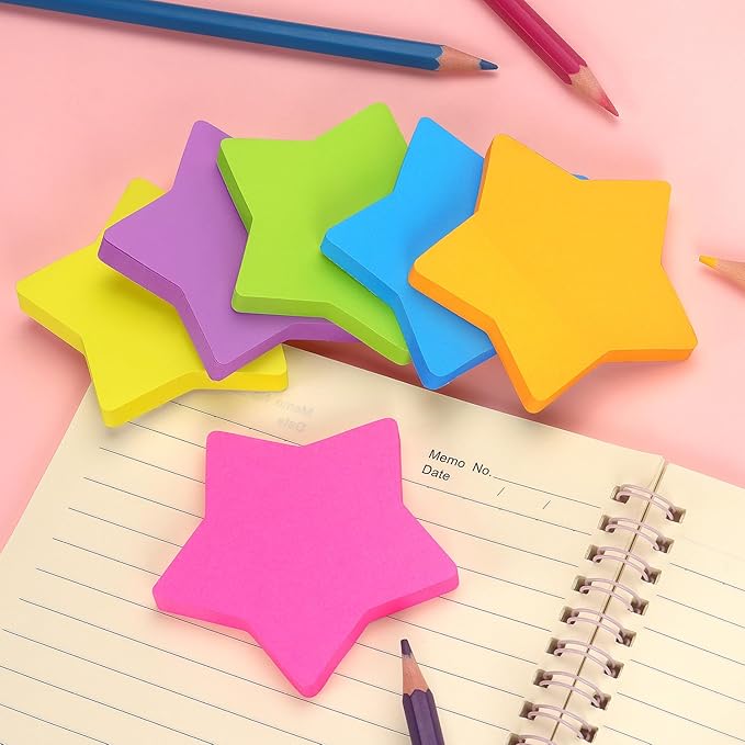 SIMONA Star Shape Sticky Notes 6 Color Bright Colorful Sticky Pad 75 Sheets/Pad Self-Sticky Note Pads (6 Pads)