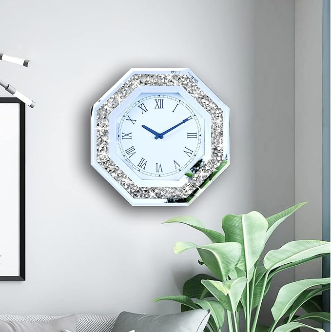 Wall Clock, Octagon Mirror Glass Clock, Cute Diamond 12-inch Non-Ticking Clock