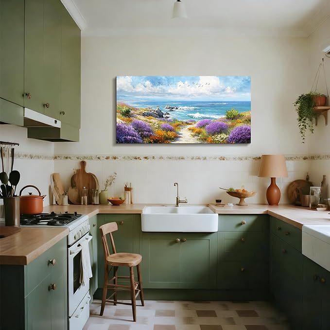 SERIMINO Coastal Wall Art, Oversized Wall Art, Beach Wall Decor, Blue Ocean Landscape Prints, Seashore Floral Large Pictures, Tropical Paintings for Living Room Office Bedroom Dining Room 29"x57"