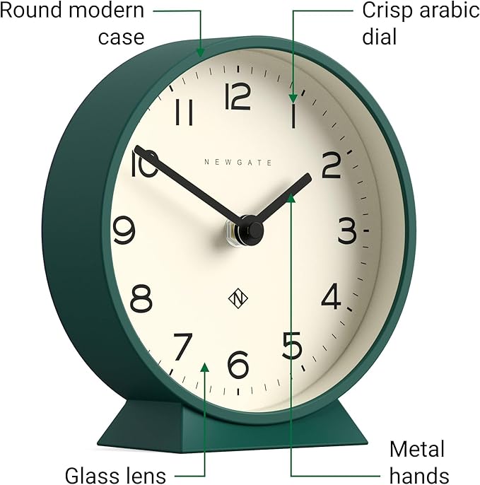 NEWGATE® M Mantel Echo Desk Clock | Modern Round Design | Eden Green | Easy to Read Numbers | Contemporary Style for Desk, Table, Shelf or Bedside
