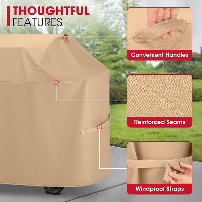Unicook 75 Inch Grill Cover for Outdoor Grill, Heavy Duty Waterproof BBQ Cover for Outside, Compatible with Weber Char-Broil Nexgrill Kenmore Gas Grills up to 73”, All Weather Protection, Light Brown