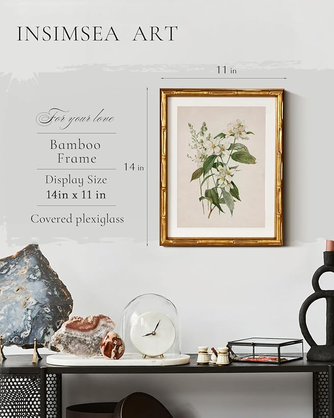 InSimSea Gold Bamboo Framed Canvas Wall Art, Neutral Floral Botanical Paintings