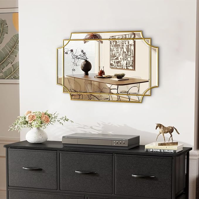 HQiJun 30x20 Inch Gold Bathroom Mirror, Wooden Frame