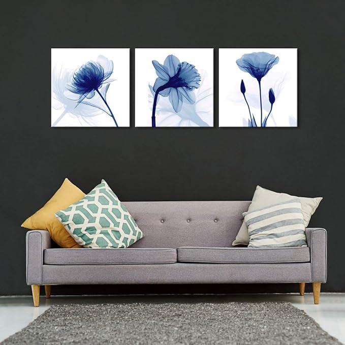 Wieco Art Blue Abstract Flowers 3 Panels Canvas Prints Wall Art Modern Pictures