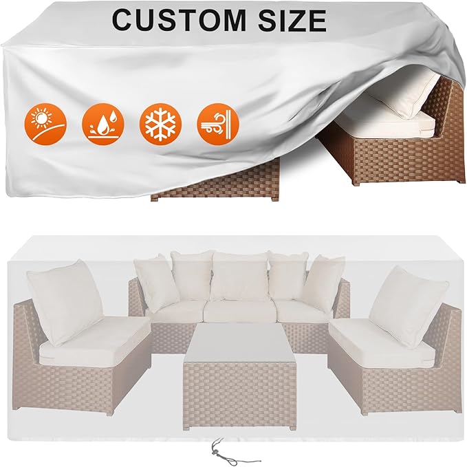 Patio Furniture Cover Rectangle 56"(L) x 56"(W) x 28"(H), Custom Heavy Duty 420D Waterproof Outdoor Cover with Drawstring & Buckles for Table Chair Garden, Silver