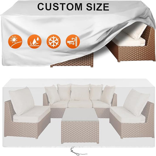 Patio Furniture Cover Rectangle 100"(L) x 44"(W) x 30"(H), Custom Heavy Duty 420D Waterproof Outdoor Cover with Drawstring & Buckles for Table Chair Garden, Silver