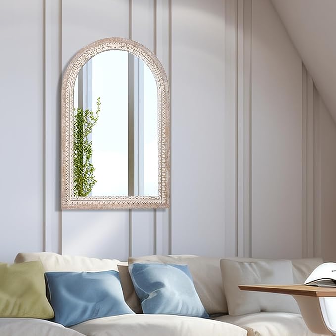 36x24 Inch Rustic Farmhouse Arched Wall Mirror, Boho Distressed Wooden Frame