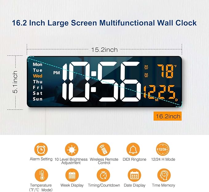 Digital Wall Clock Large Display, 16.2 Inch, LED Digital Clock