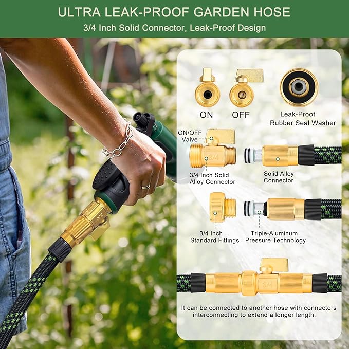 Garden Hose Non-Expandable 100 ft, Lightweight Flexible Water Hose with 10 Function Spray Nozzle, Outdoor Leak Proof, Kink-Free, Portable Hose for Yard, Lawn, Camper, High-Density Fabric, Black Green