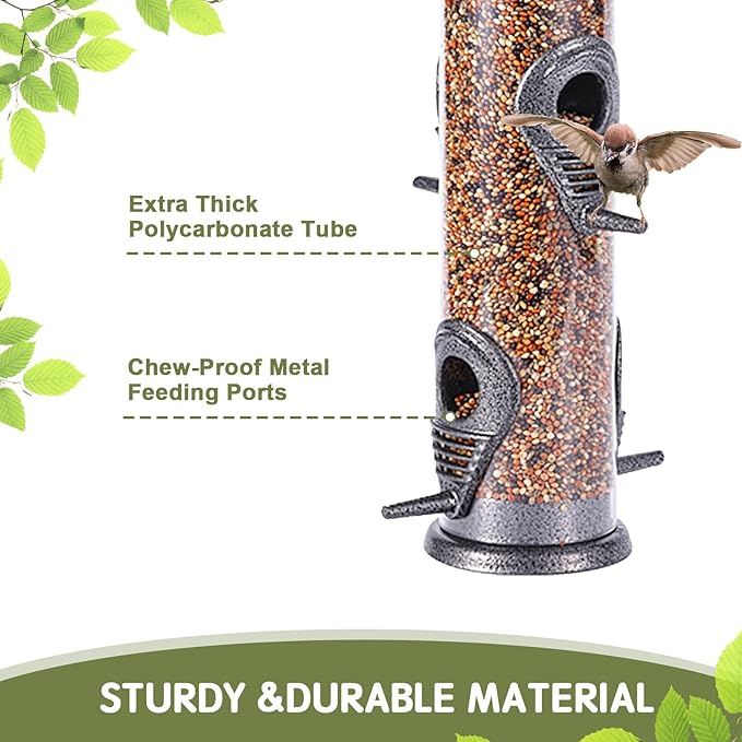 MIXXIDEA 1PK Metal Wild Bird Feeder,Squirrel Proof Bird Feeders for Outside,Hanging 6 Port Tube Bird Feeder Transparent Finch Bird Feeder for Attracting Birds in Your Lawn, Garden, Balcony-Gray