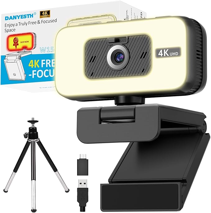 4K Webcam for PC & Laptop, Webcam for Mac –AI PDAF AutoFocus Streaming Camera for Computer, One-Touch Mute, Busy Now Do Not Disturb Light, Adjustable Fill Light, Privacy Cover for Remote Work