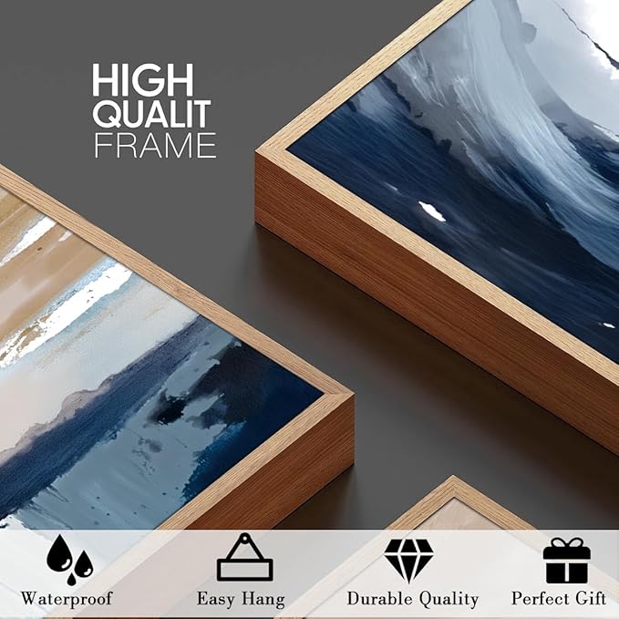 Anyzal Extra Large Blue Abstract Wall Art Framed 24x36 Inch Neutral Modern Canvas Wall Decor Minimalist Pastel Artwork for Living Room Bedroom Dining room Set of 3