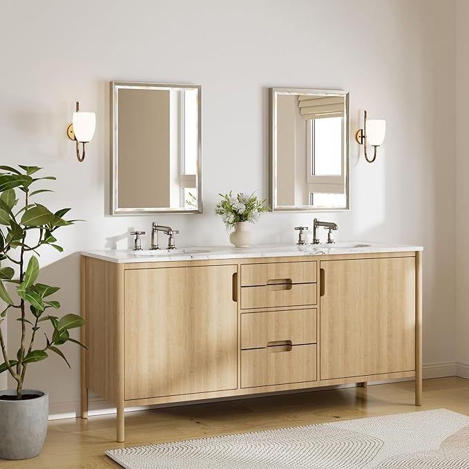 Brushed Nickel Bathroom Mirror, 22x30 Inch Beveled Framed Bathroom Mirror