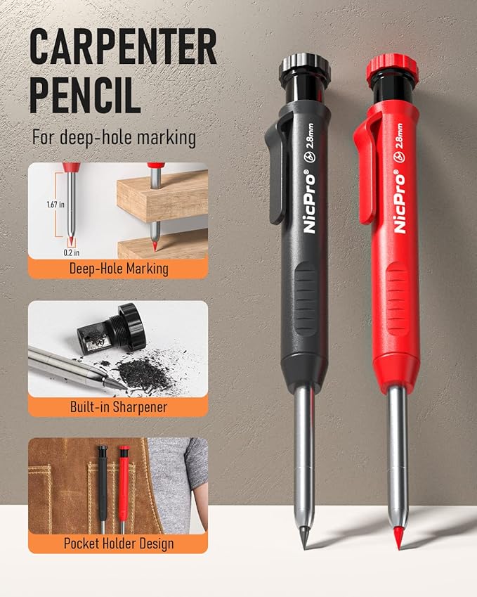 Nicpro 11 Pack Carpenter Pencil Set with Sharpener, Mechanical Carpenter Pencils with 40 Refill, Automatic Center Punch and Carbide Scribe Tool, Heavy Duty Construction Pencil for Architect-With Case