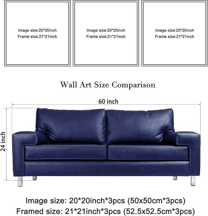 Wieco Art Framed Wall Art Blue Abstract Flowers 3 Panels Canvas Prints Home Art