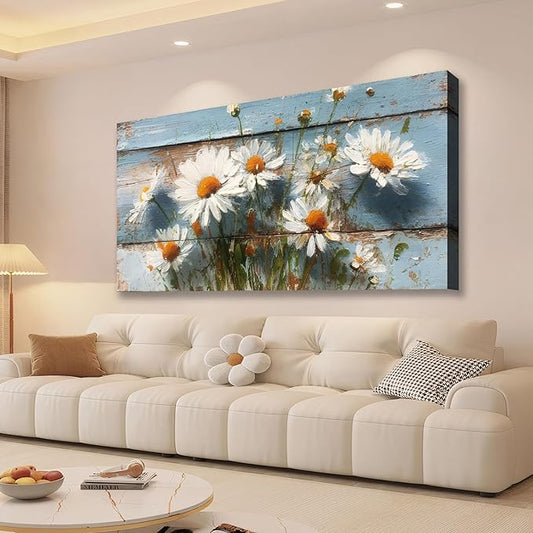 JLXART White Daisy Flowers Large Wall Art 30x58inch Canvas Decor Watercolor Floral Prints on Wood Background Pictures for Kitchen Bathroom Home