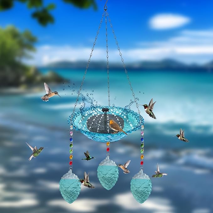 Hummingbird Feeder and Bird Bath for Outdoors 2-in-1 for Small Birds - Hummingbird Bath Fountain with 3 Blue Feeder Pots - Hanging Solar Bird Bath Fountains