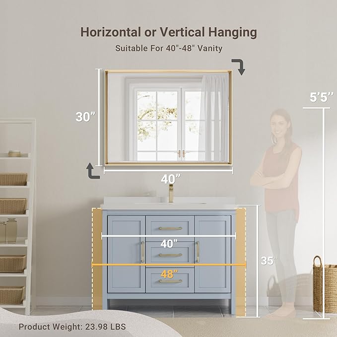 40 x 30 Gold Bathroom Mirror, Brushed Gold Beveled Bathroom Mirror,
