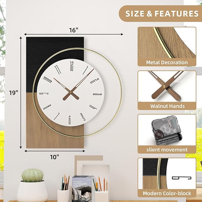 19x16 Inch Modern Silent Wall Clock Battery Operated, Wooden Farmhouse