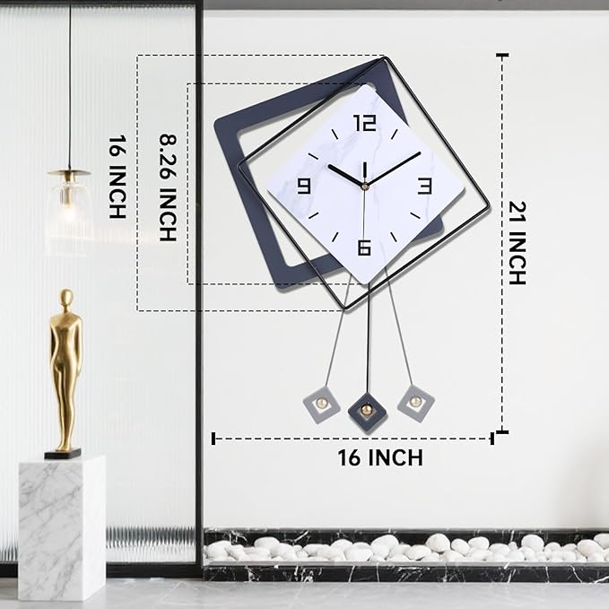 Wall Clock with Pendulum, Silent Quality Quartz Battery Operated, Metal Modern