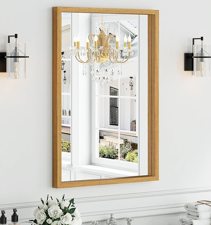 Syndra Natural Wood Frame Bathroom Mirror, 24x36'' Modern Vanity Mirror