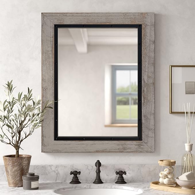 YOSHOOT Rustic Wooden Framed Wall Mirror, Natural Wood and Iron Bathroom Vanity