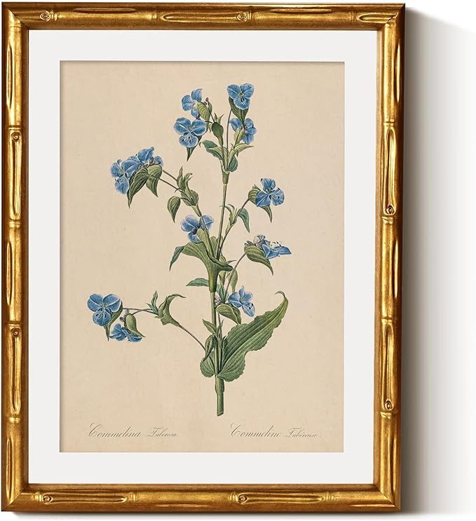InSimSea Gold Bamboo Framed Canvas Wall Art, Retro Blue Myosotis Botanical
