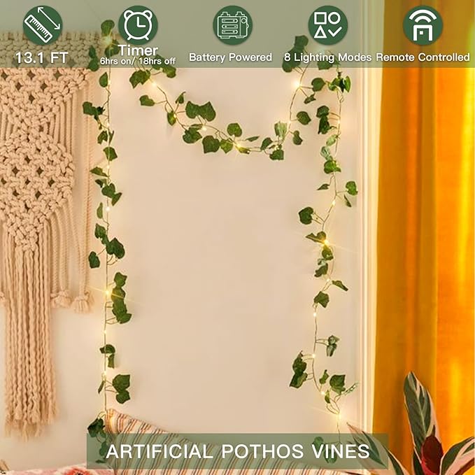 suddus Vine with Fairy Lights Battery Operated, 13.1ft 40 LED Pothos String