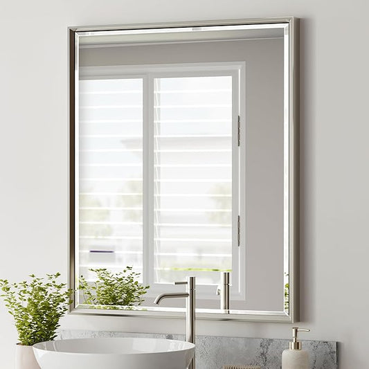 Brushed Nickel Bathroom Mirror, 30x36 Inch Beveled Framed Bathroom Mirror
