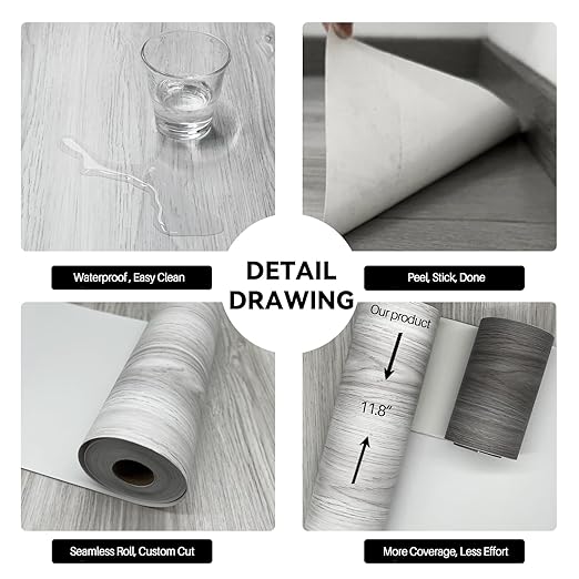 Wood Grain Peel and Stick Floor Tiles – 11.8” Width, Full Roll Length of 118" –