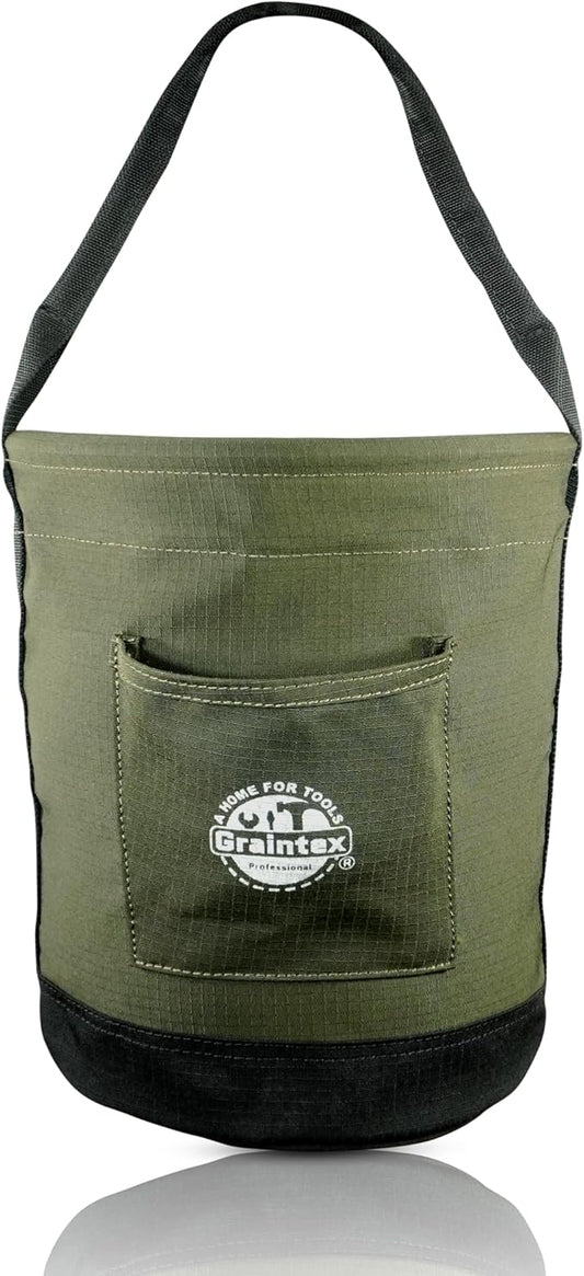 Graintex Tapered Canvas Bucket 12"x10"x15", Utility Tool Bucket One Inside Pocket, Reinforced Base & Carry Handle, Ripstop Canvas - Hunter Green