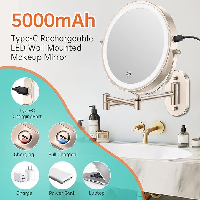 5000mAh Rechargeable Wall Mounted Lighted Makeup Vanity Mirror, Double Sided 1X