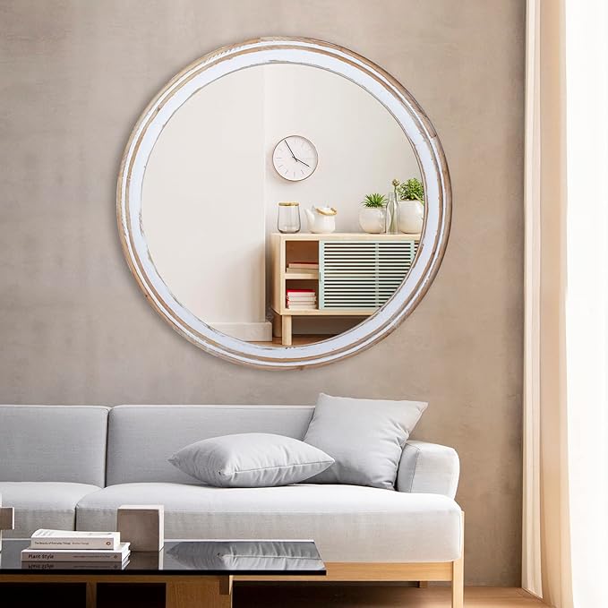 Reflinto 30 Inch Rustic Farmhouse Wooden Round Mirrors