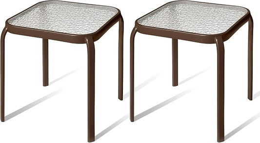 Bronze Metal Outdoor Side Table with Tempered Glass Top Set of 2 â Elegant Small 16" Square Patio Table â Durable Weather-Resistant Coffee Bistro Accent End Table for Outside and Garden