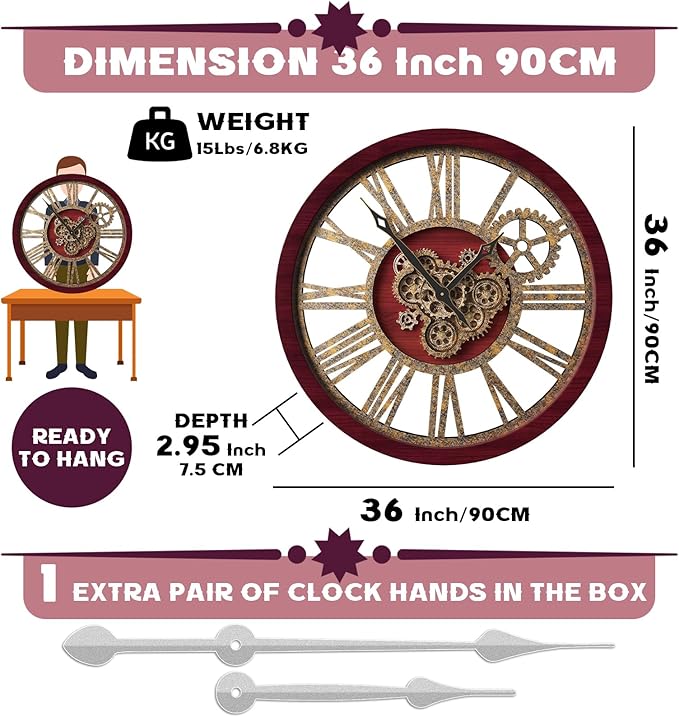 The B-Style Large Wall Clock 24 inch Moving Gear Wall Clock Oversized Vintage