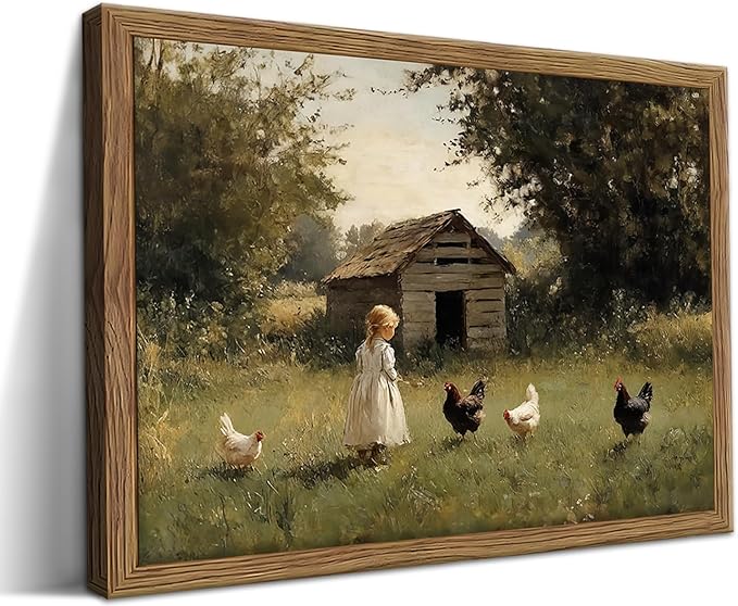 Vintage Country Framed Wall Art, Little Girl and Chick Canvas Prints, Rustic