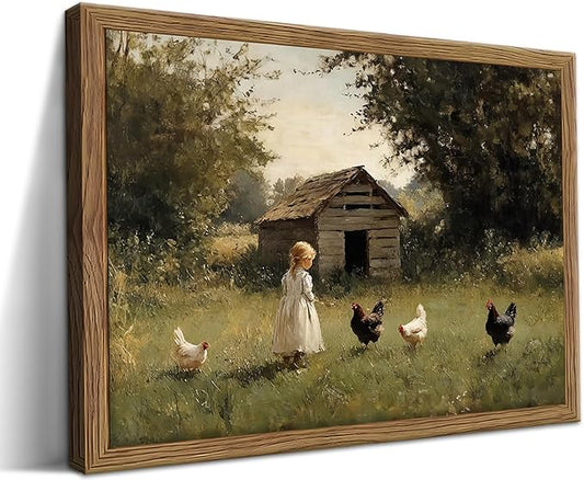 Vintage Country Framed Wall Art, Little Girl and Chick Canvas Prints, Rustic