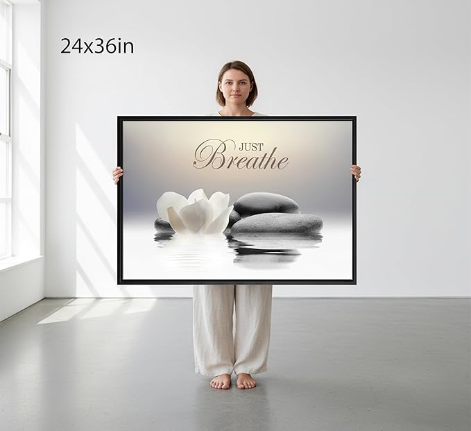 Floating Framed Zen Wall Art, Just Breathe Stone Poster Picture