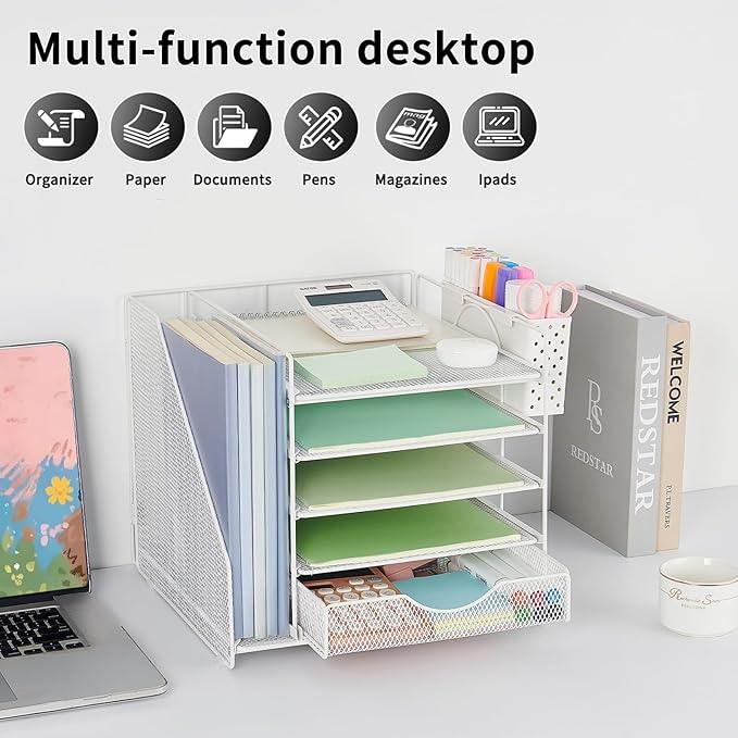 OUTIOE Desk Organizer with Drawer and Pen Holder, 5-Tier Paper Letter Tray Organizer with File Holder, Suitable for Workspace Organizer Office Supplies Storage (White)