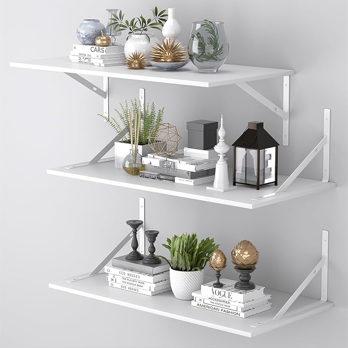 Deep Floating Shelves for Wall Set of 3, 24W x 12 Inch Deep White Floating
