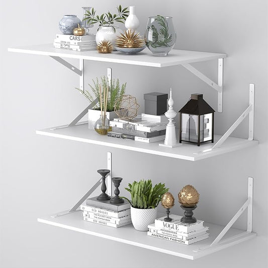Deep Floating Shelves for Wall Set of 3, 24W x 12 Inch Deep White Floating
