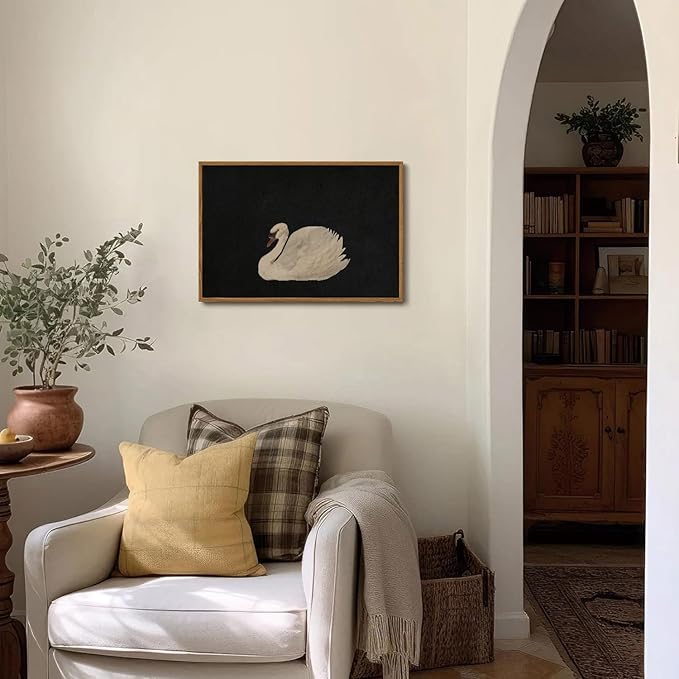 OIQArtOIQ Vintage Framed Wall Art Moody Grace Swan Canvas Art Prints Rustic